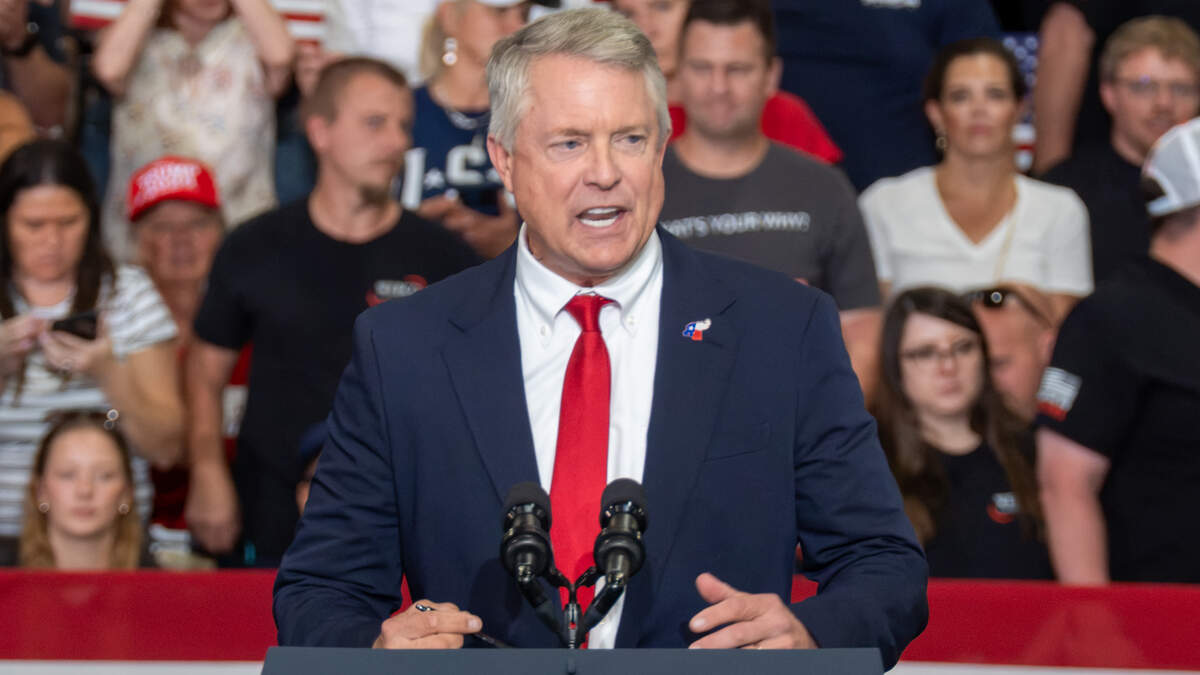 U.S. Senator Roger Marshall, a Kansas Republican, spoke before Vice President JD Vance’s appearance Monday, Sept. 14, 2026, at Webco Manufacturing Inc., a metal fabrication company in Olathe.
